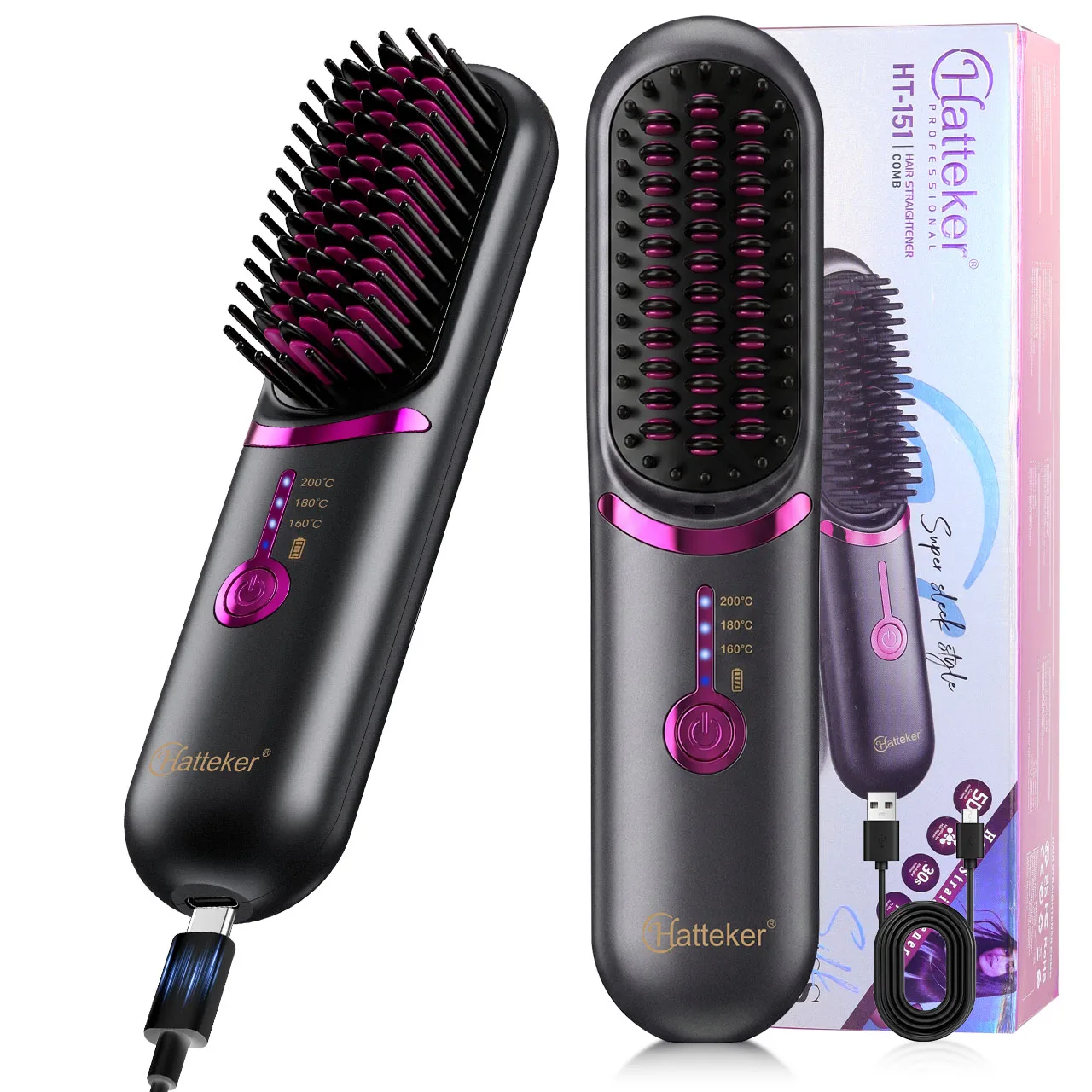 Hatteker Wireless Portable Travel Hair Straightening Comb Three Temperature Settings Volumizing Root Straight And Curl Dual Use Hot Air Comb