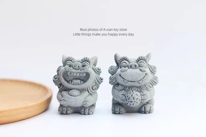 

Chinese Style Happy Lion Decoration Piece, Sandstone Animal, Home Decor, Office Desk Gift