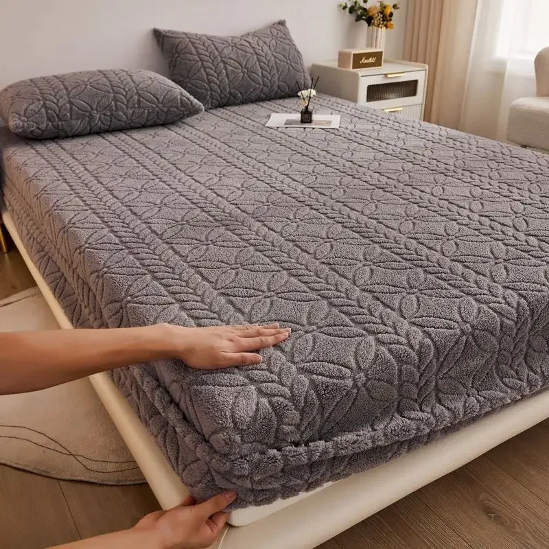 Winter Embossed Plush Fitted Sheet Soft Warm Coral Velvet Mattress Protector Cover Queen King Size Deep Pocket Elastic Bed Sheet