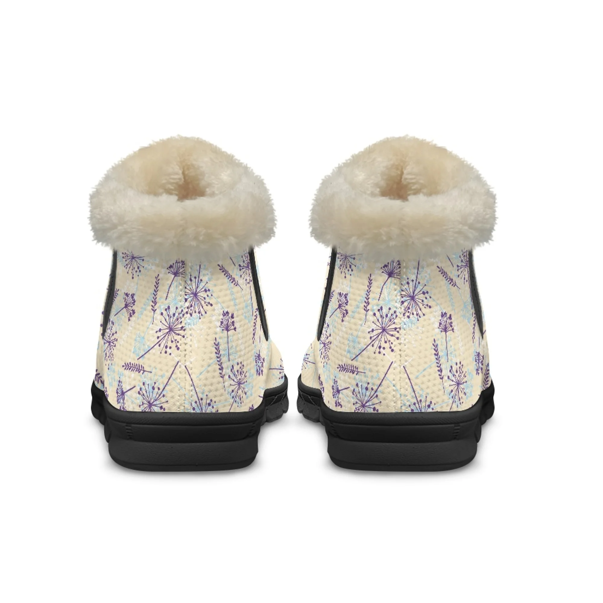 ELVISWORDS Purple Lavender Dandelion Print Ankle Boots for Women Short Plush Warm Snow Boots Lining Fuzzy Shoes Non Slip