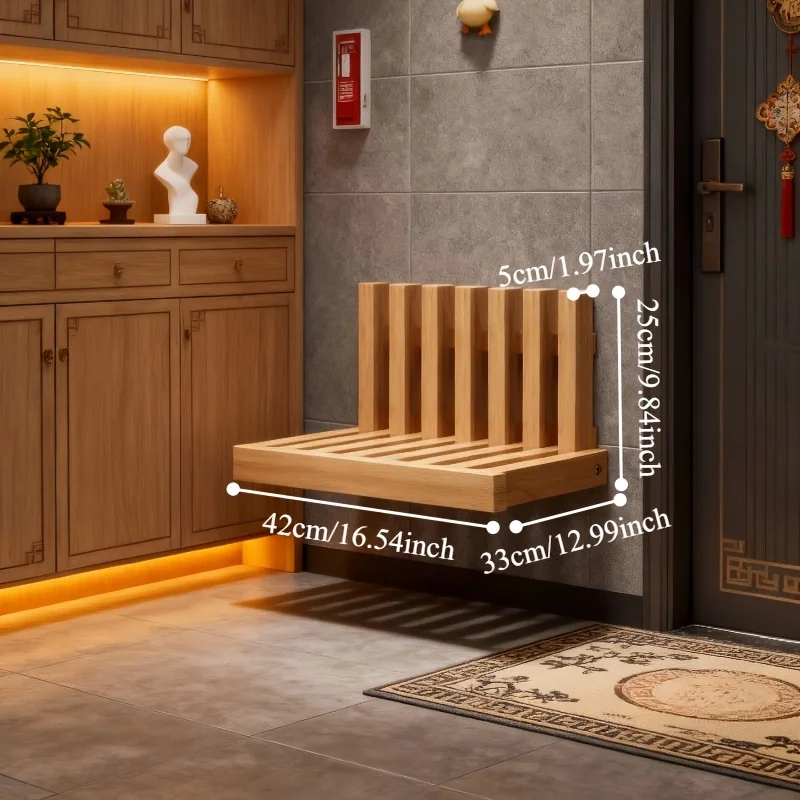 1pc Wall Mounted Multifunctional Solid Wood Folding Stool, Shoe Changing Stool, Suspended Storage Stool, Suspended Storage Rack
