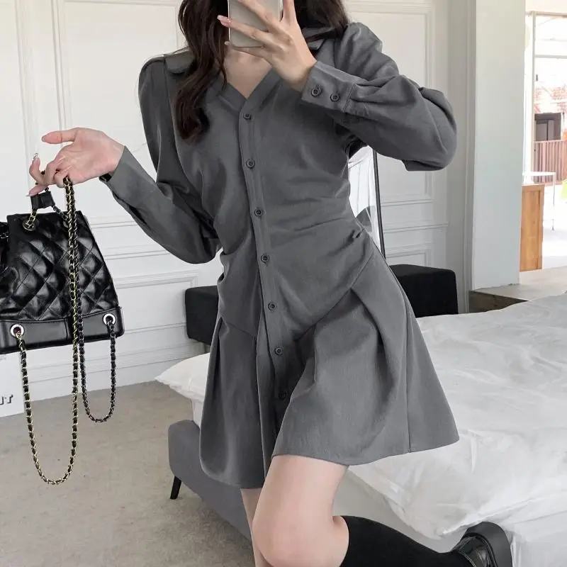 Women Long Sleeve Mini Dress V-neck Pleated Leisure All-match Streetwear Solid Elegant Trendy Academia Style American Hot Girls