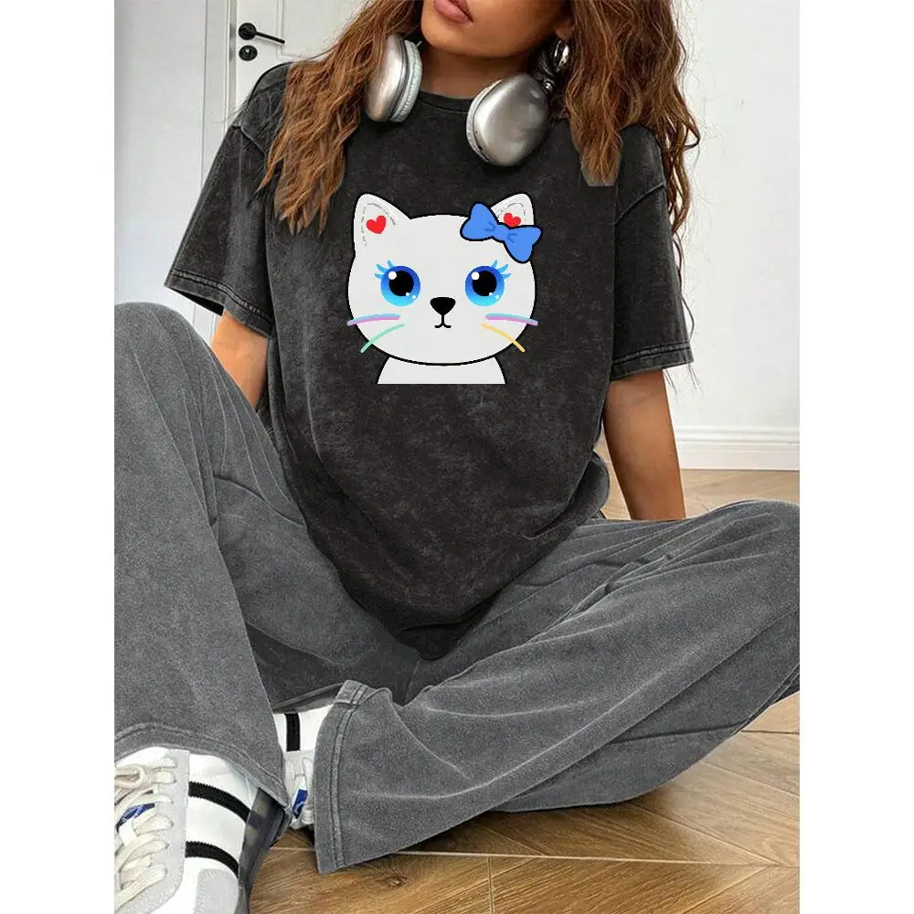 

Cute Cartoon Cat T-Shirt, Big Eyes Rainbow Kitten Blue Bow Graphic Tee, Unisex Kawaii Animal Lover Sweet Pet Mom Gift