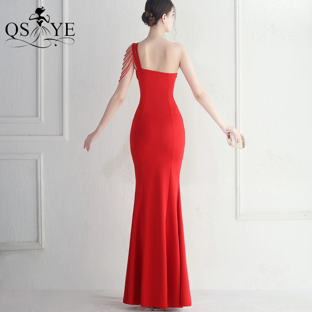 Bright Red One Shoulder Prom Dresses Beading Straps Long Stretch Satin Mermaid Evening Side Split Lady Simple Party Gown Plain