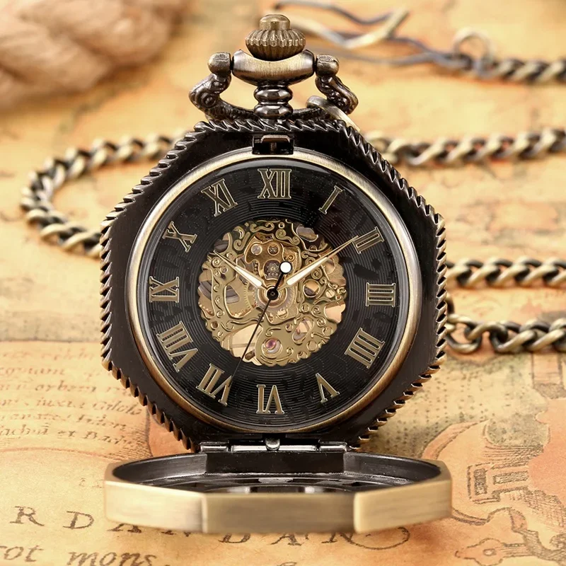 Steampunk Hollow Octagon Shape Men Women Handwind Mechanical Pocket Watch Skeleton Clock FOB Pendant Chain Roman Number Display