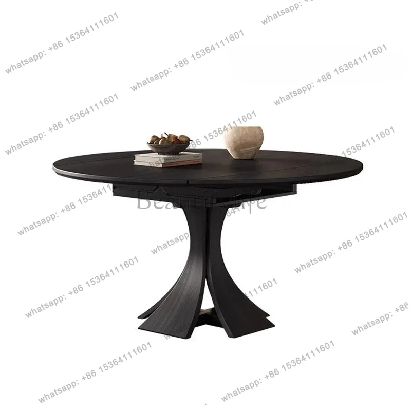 

French solid wood dining table, antique walnut round table, retro household ash wood round small apartment dining table and chai