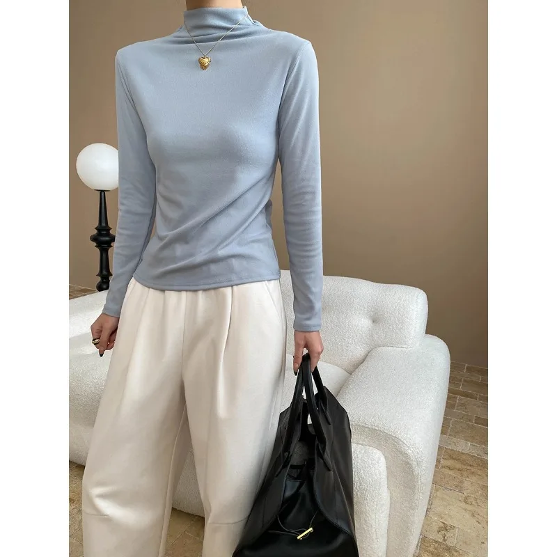 قميص نسائي علوي صديق للبشرة ناعم وناعم ورقبة شبه عالية مقاس نحيف ومتعدد الاستخدامات