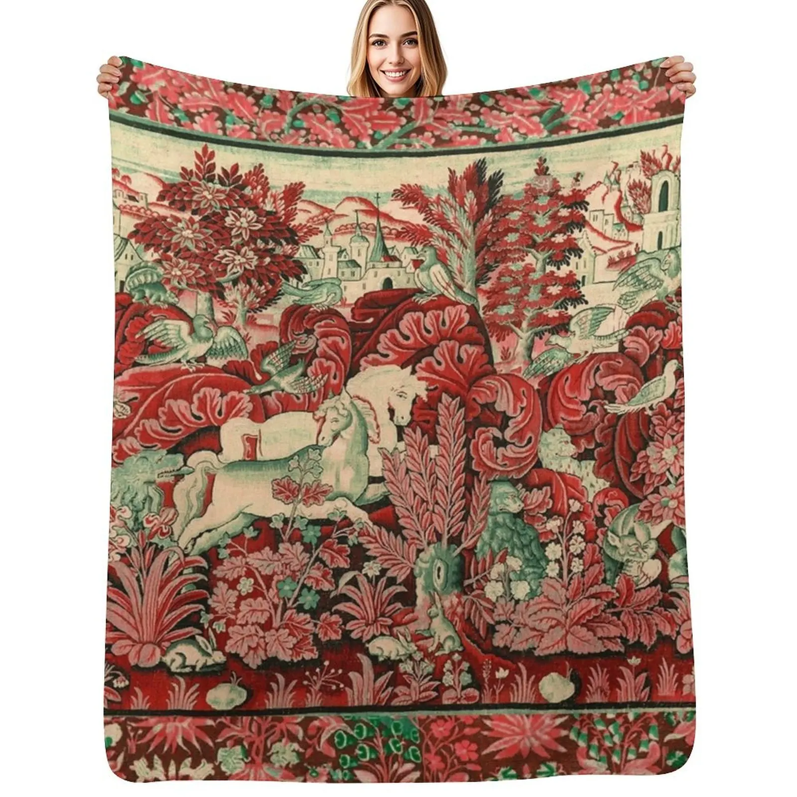 

FANTASTIC ANIMALS AND HORSES IN WOODLAND Red White Green Antique French Tapestry Throw Blanket Polar wednesday Blankets