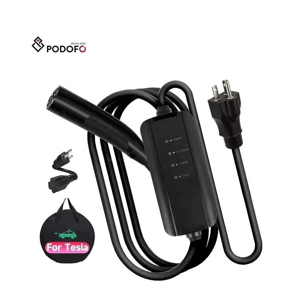 Podofo Portable EV Charger Level 1 Charger LCD Display for Tesla Model X/Y/3/S 16A 6-20R to Nema5-15P Mobile EV Charger Station