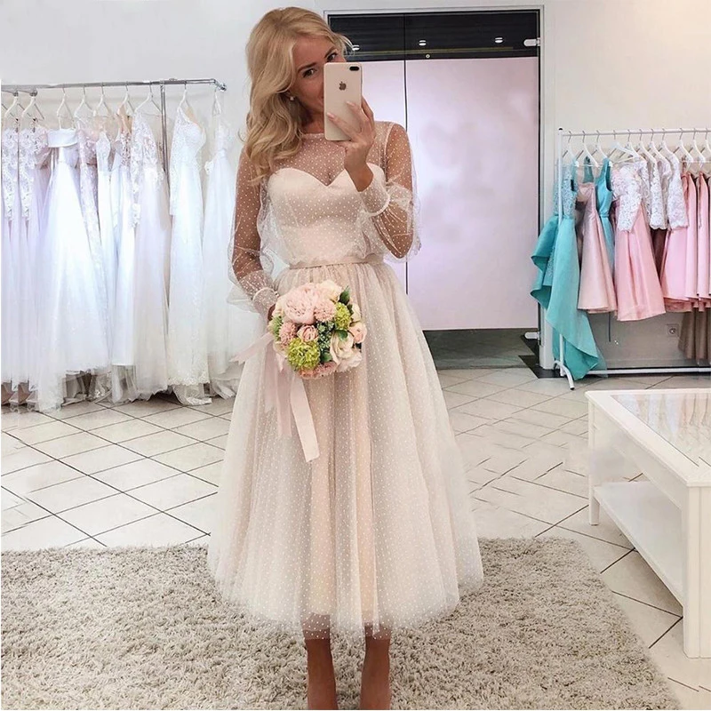 Elegant Short Wedding Dresses White Dot Tulle Bridal Gowns Princess Tea Length Prom Evening Dresses Long Bubble Sleeves