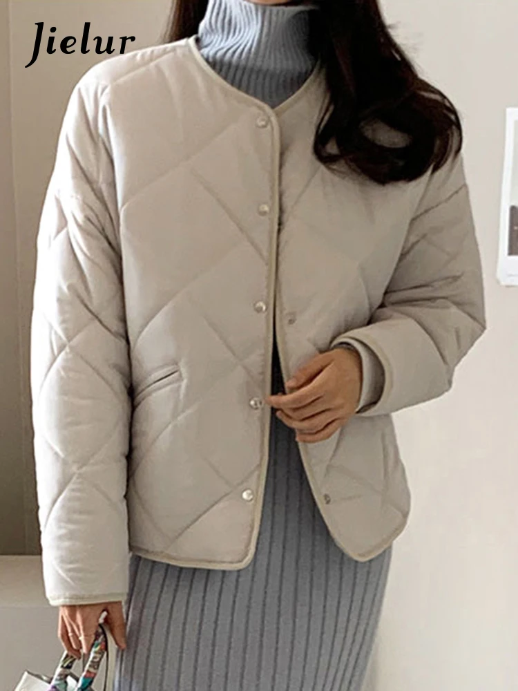 Jielur Chic O-neck Winter Casual Women Parkas Pure Color Simple Loose Thick Single Breasted Fashion Female Coats Office Lady