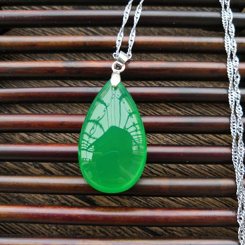 Ice green marrow water drop pendant agate silver necklace collarbone pendant women's model