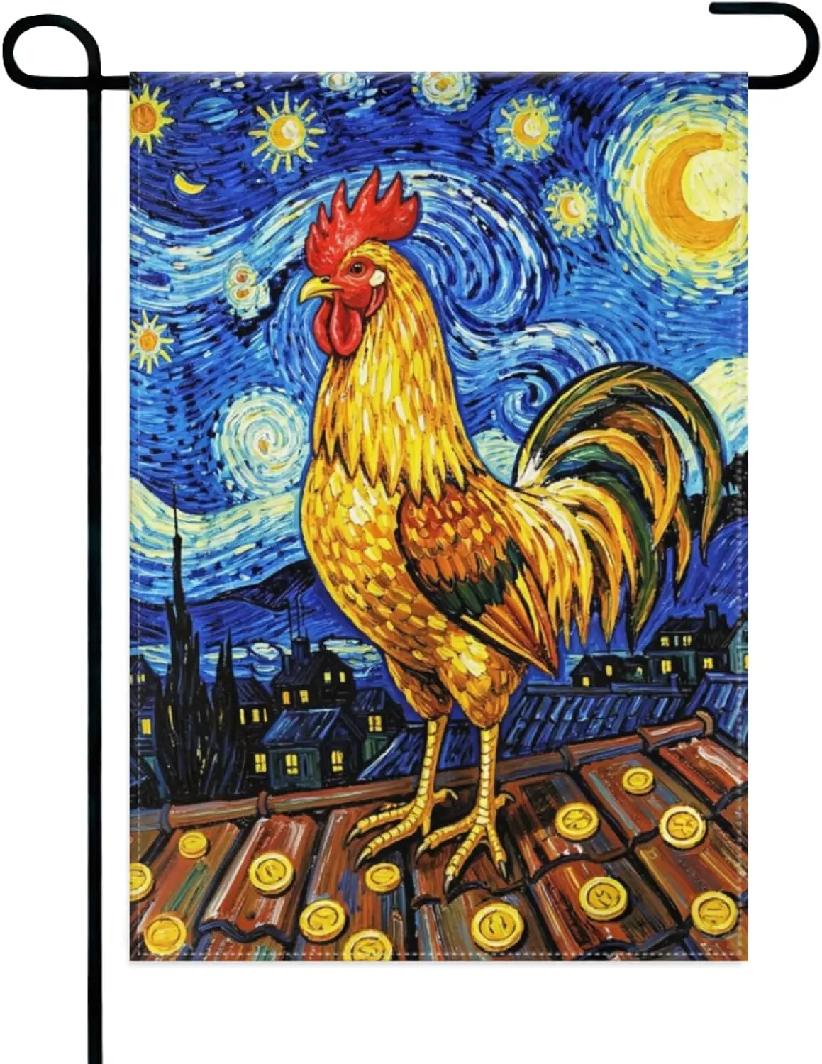 Rooster Starry Night Garden Flag 12x18 Inch Double Sided – Van Gogh Inspired Art， Colorful Roosters Outdoor Yard Decoration  AAM