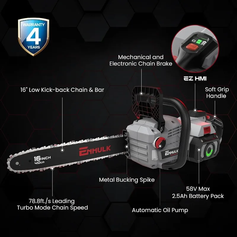 Brushless Chainsaw with Chain Brake for Safety, 78.8 ft./s Max Chain Speed with EZ HMI LED Control Panel, 2.5Ah Battery and