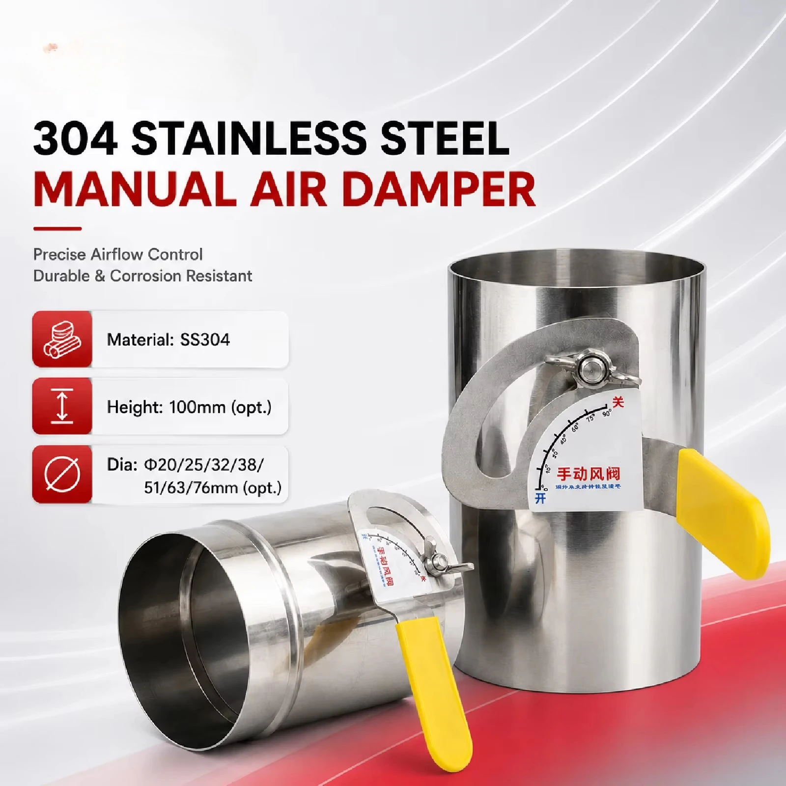 304 Stainless Steel Manual Butterfly Damper Round Duct Air Flow Control Valve HVAC Ventilation Exhaust Pipe 20-76mm