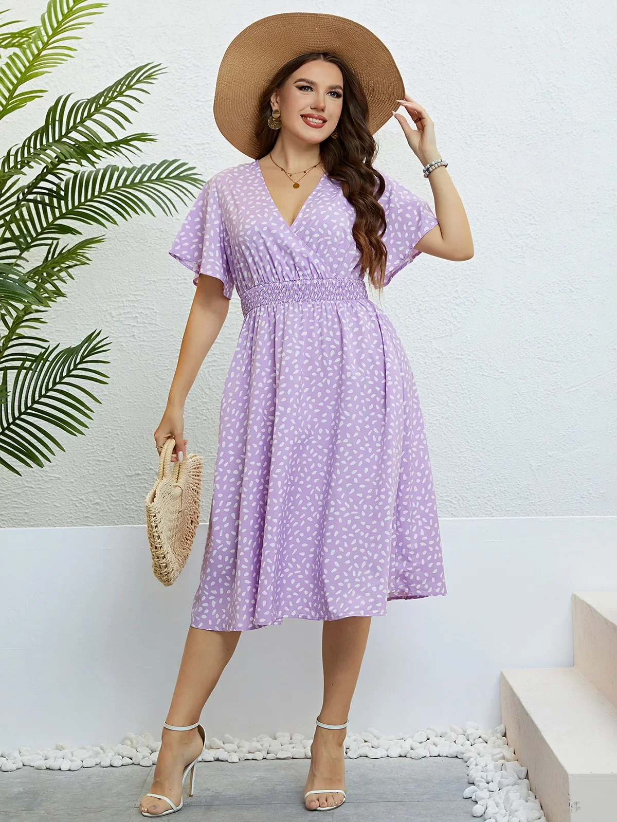 Plus Size Sukienka damska Wrap V Neck Krótki rozszerzany rękaw Letni szlafrok Elastyczna talia A-Line Bohemian Mini sukienki Sundress Odzież