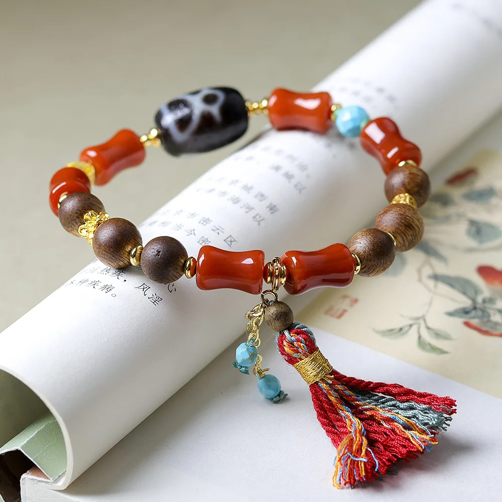 Lukki incense wood nanhong agate bamboo beads bracelet God of Fortune dzi beads to attract wealth and gather wealth strings