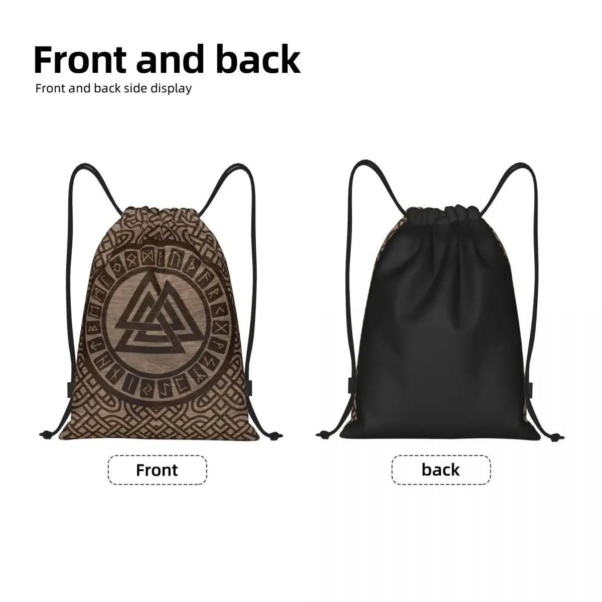 Valknut Symbol And Runes On Wood Drawstring Backpack Sports Gym Bag for Women Men Norse Viking Odin Shopping Sackpack