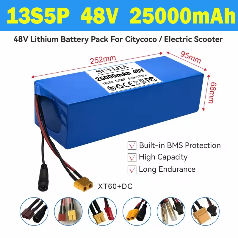 48V Scooter Battery 13S5P 25Ah 18650 Grade-A Cells 1500W Built-in BMS XT60 JST High Capacity Long Range Safe & Durable