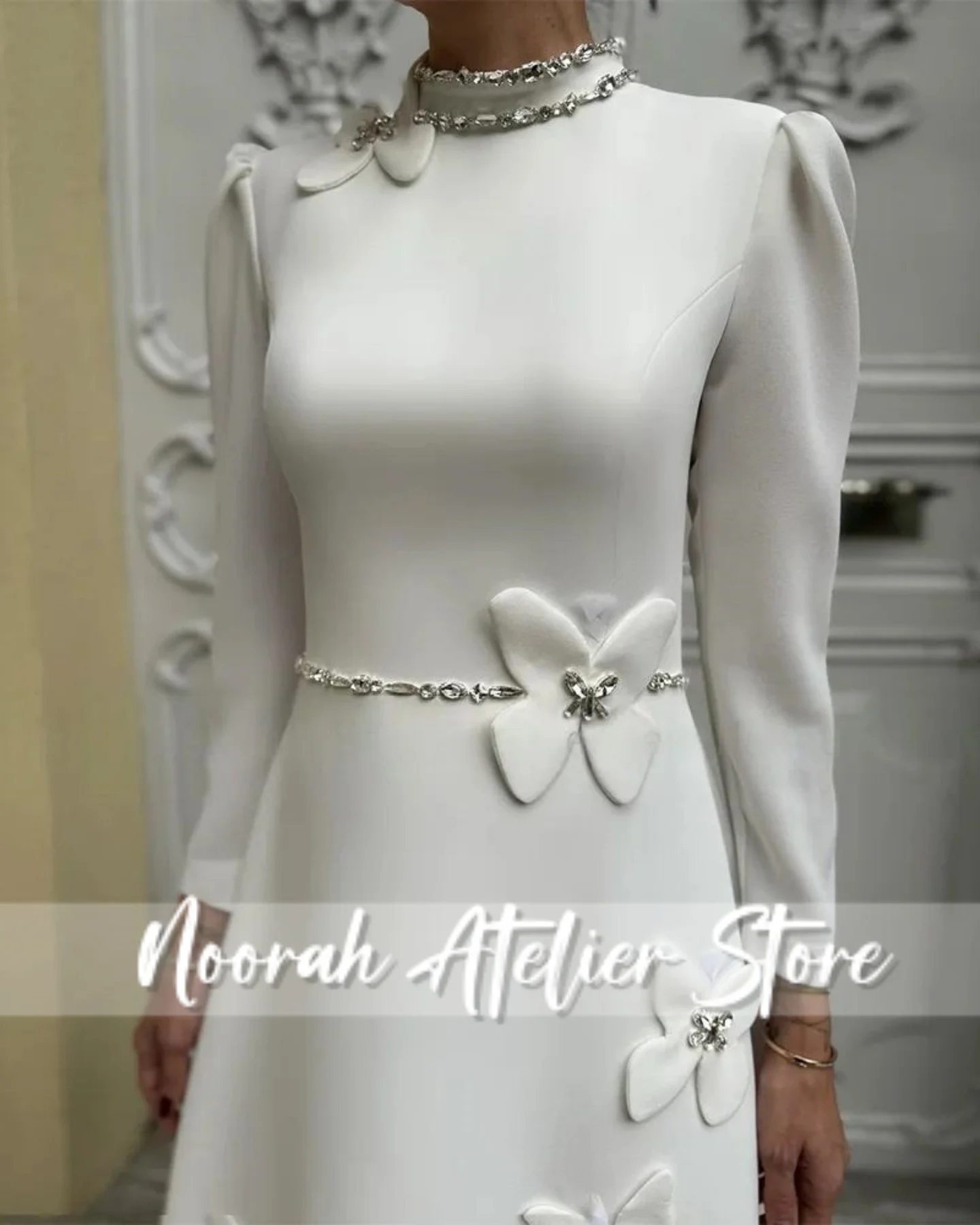 فساتين سهرة بيضاء إسلامية H N ثلاثية الأبعاد على شكل زهرة دبي 2025 بأكمام طويلة ثوب زفاف للحفلات الراقصة فساتين طويلة مخصصة