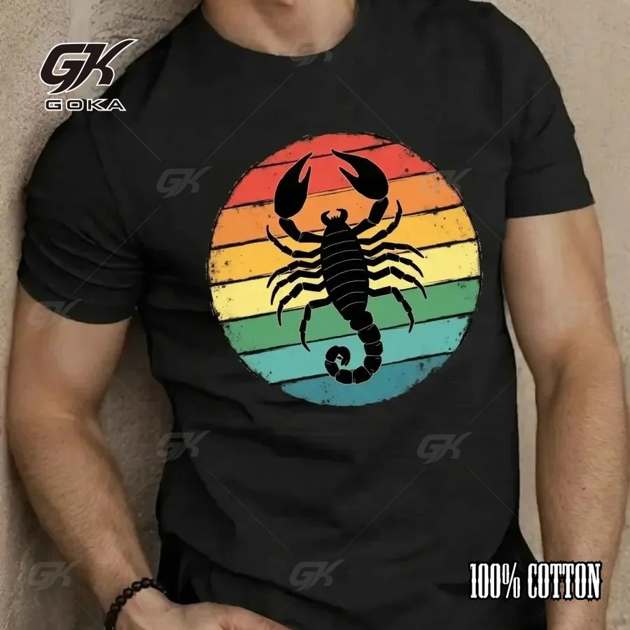 Vintage Scorpion Sunset T-Shirt, Dark Gray Retro Rainbow Scorpio Zodiac Graphic Tee, Retro 70s Scorpion Casual Streetwear Tops