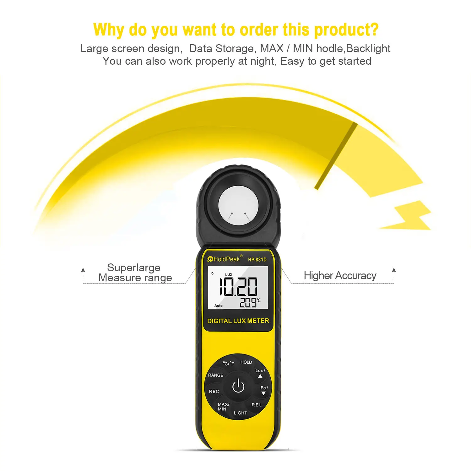 HP-881D Digital LUX Meter 4000,000 LUX/FC Selection High Precision Digital Luxmeter Handheld Type Illuminometer CSV