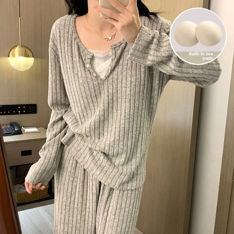 

Ladies Lazy Style Long Sleeve Sleepwear Set Pure Color Flocking Cotton Home Clothes Winter Home Suit V-Neck Pullover Top