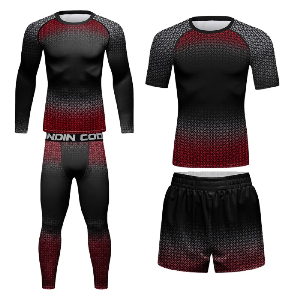 4 Pieces Rash Guard Sets FOR Men High Elasticity Compression Jiu Jitsu MMA Muscular Cool Tracksuit Male Fitness Gym Rashguard