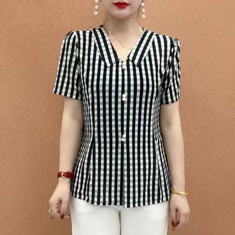 Summer New Women's Blouse lapel Neck Button Printed Ventilate All-match Elegant Loose Comfortable Three Quarter Tops image 2