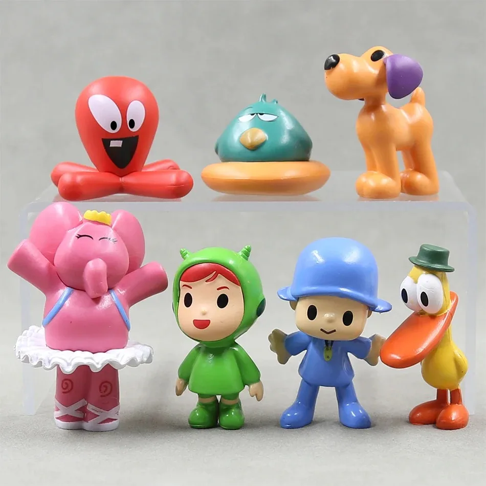 Conjunto de 7 Peças de Brinquedos de Animais Kawaii Pocoyo, Bonecos de Pássaro, Pato, Elefante, Modelos de Cenário, Figuras de PVC de Anime e Desenho Animado