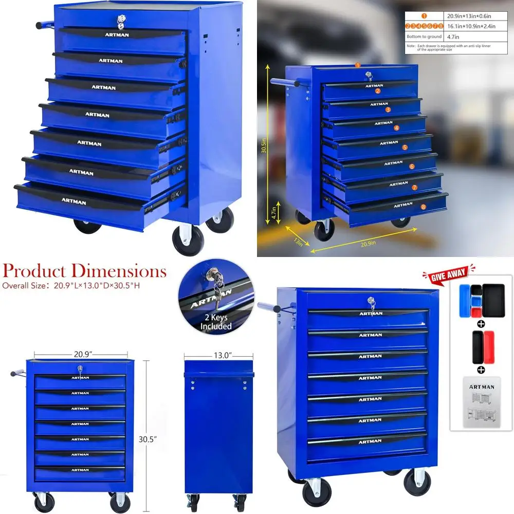 

20 Rolling 7-Drawer Metal Tool Chest in Black & Blue with Ball Bearing Slides for Garage/Workshop Storage