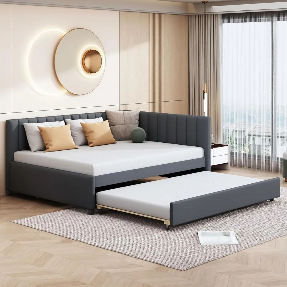 

Full Size Linen Upholstered Daybed with Trundle, Suitable for Boys, Girls, Kids, Adults, and Toddlers, No Box Spring Needed
