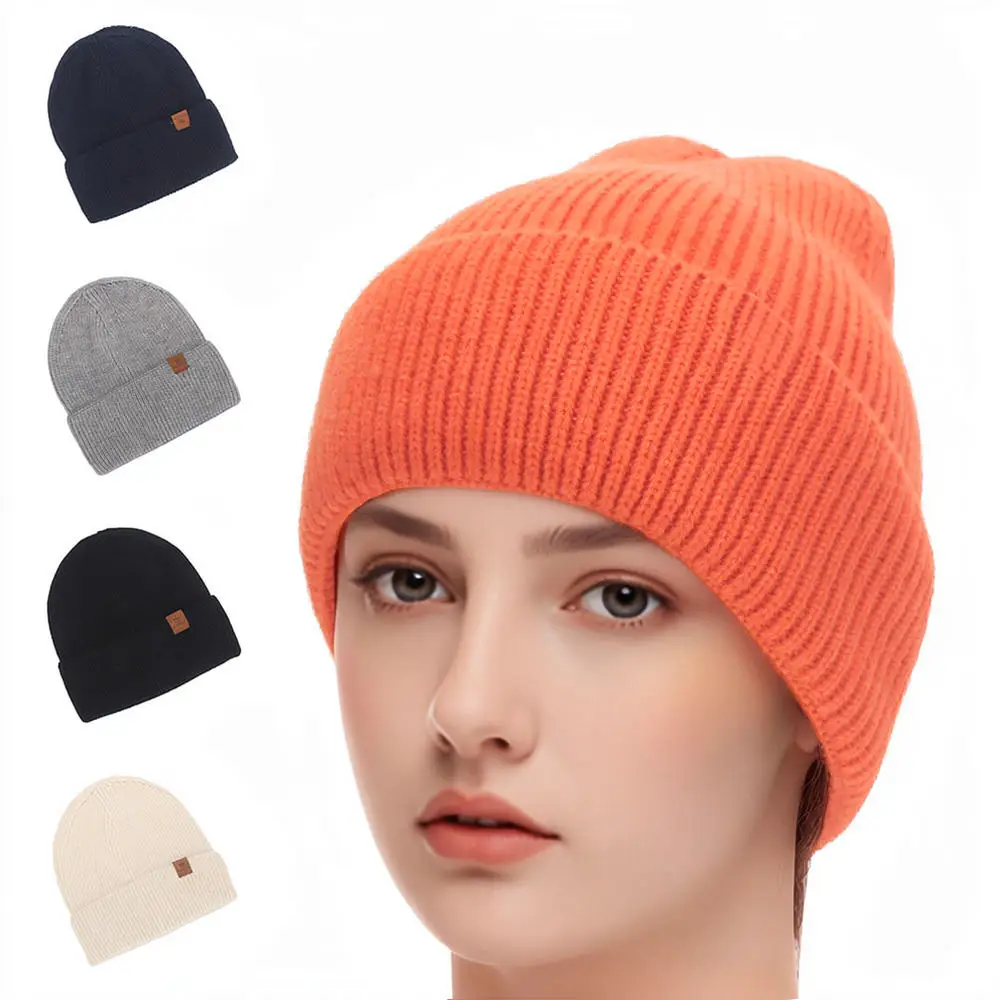 Warm Thickened Beanie Hat Men Women Knit Cap Soft Acrylic Letter Patch Minimalist Fashion Outdoor Windproof Elastic Headwear