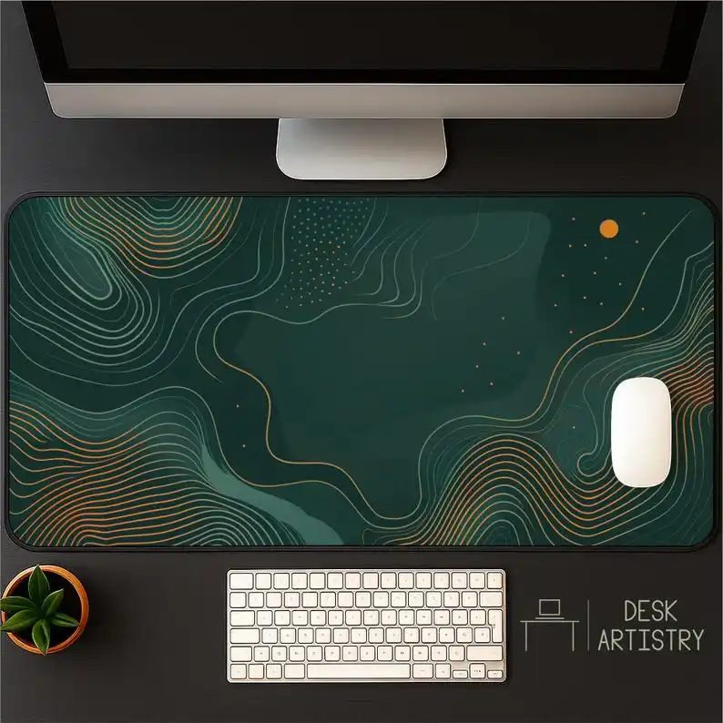 

Modern Geometric Desk Mats,XXL Dark Green Line Mouse Pad, Office Abstract Tech Desk Mat, Wave Grid Workspace Decoration