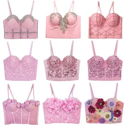 Pink Women Corset Tops 2026 Sequined Flowers Diamond Sexy Crop Tops 2000s Y2K Aesthetic Sweet Cute Party Bustier Woman Clothing