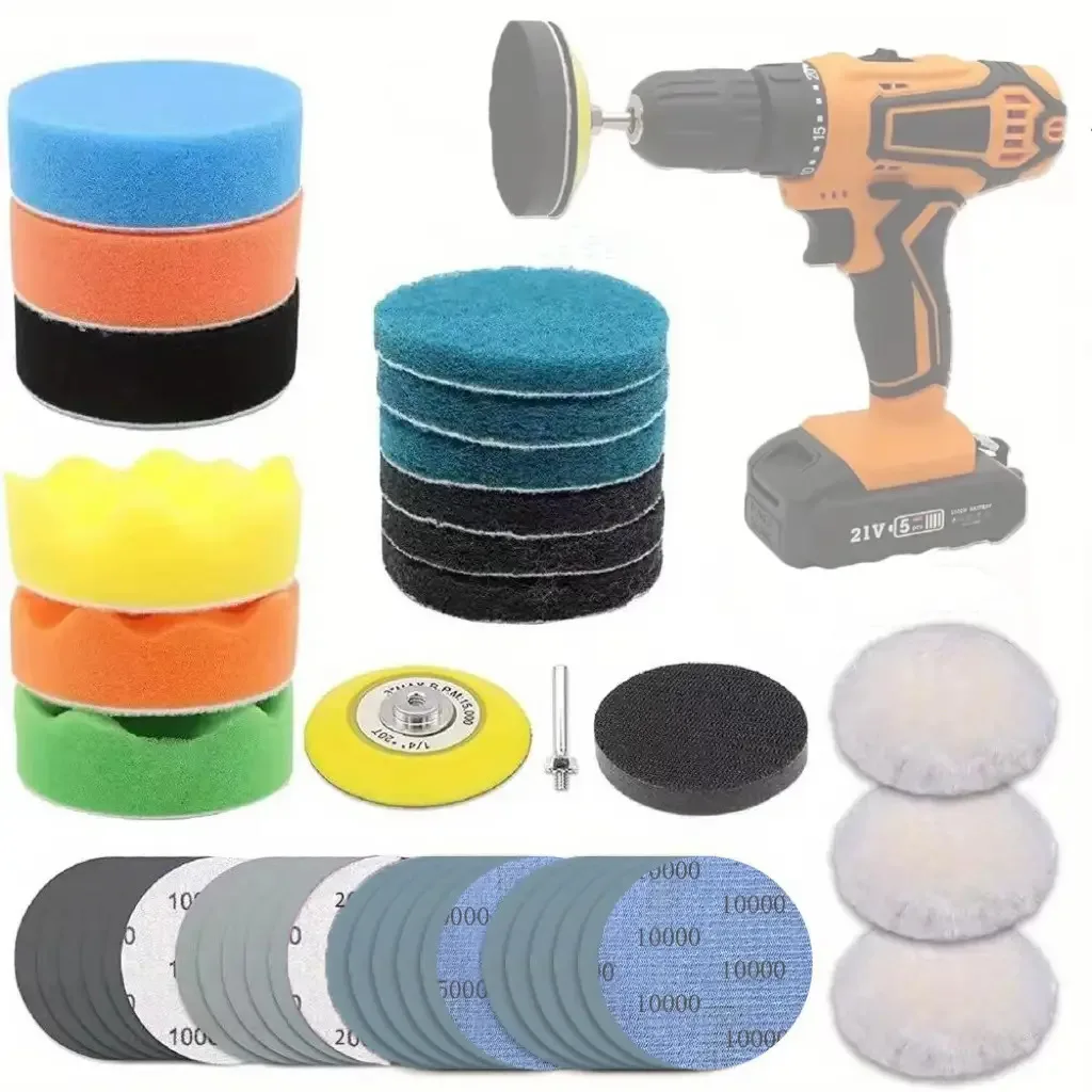 Car Headlight Restoration Kit, 3-Inch Car Polishing Sanding Discs, with 1/4-Inch Handle, Grinding Pads, Polishing Sponges, Soft