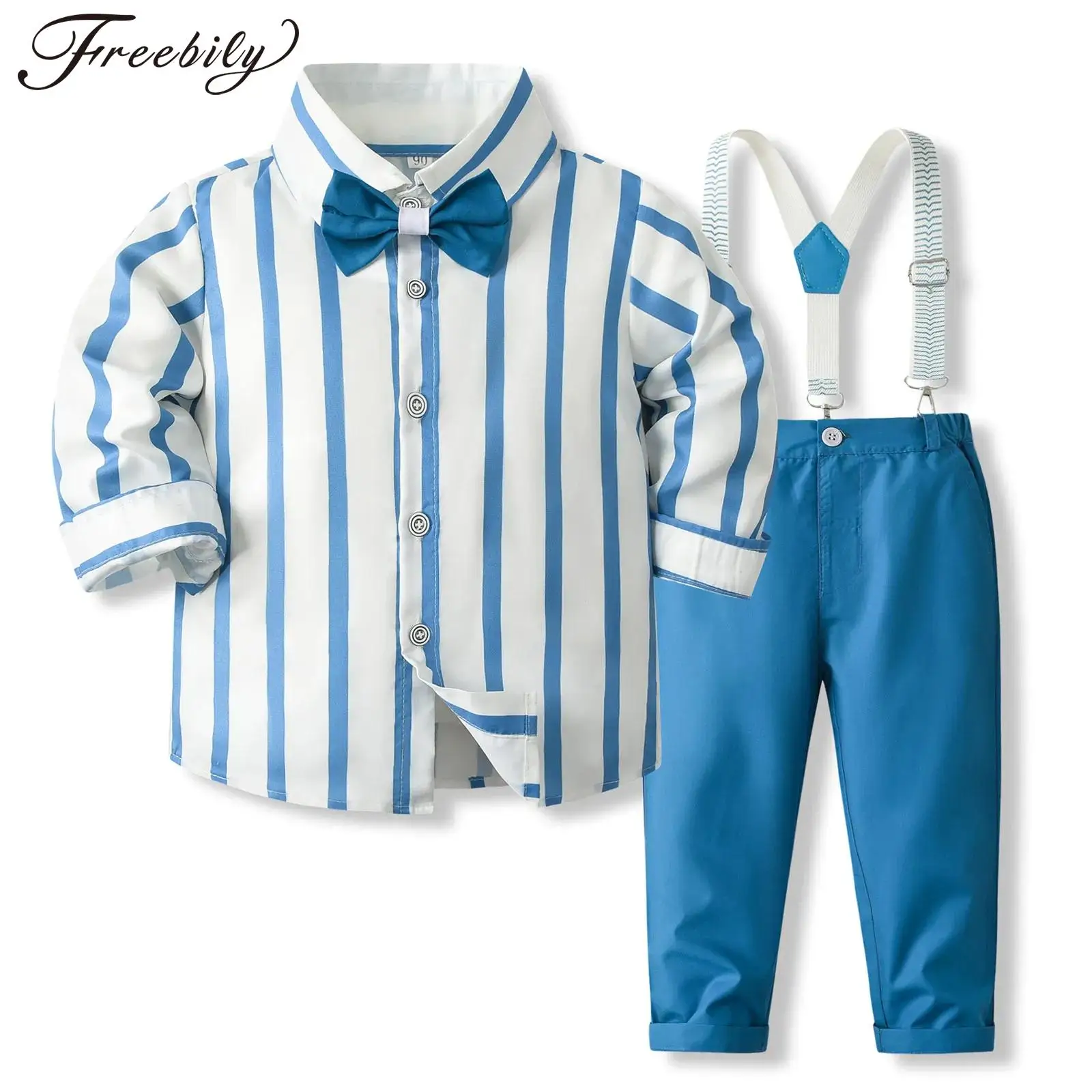 Bambini ragazzi Gentleman Suit camicia a righe a maniche lunghe papillon bretelle pantalone set di vestiti per uniformi scolastiche per feste di battesimo