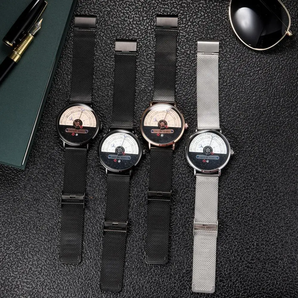 Metal Strap Watch Quartz Movement Watch Stylish Men's Quartz Wristwatch Color Matching Half Roulette Date Display Clear Print