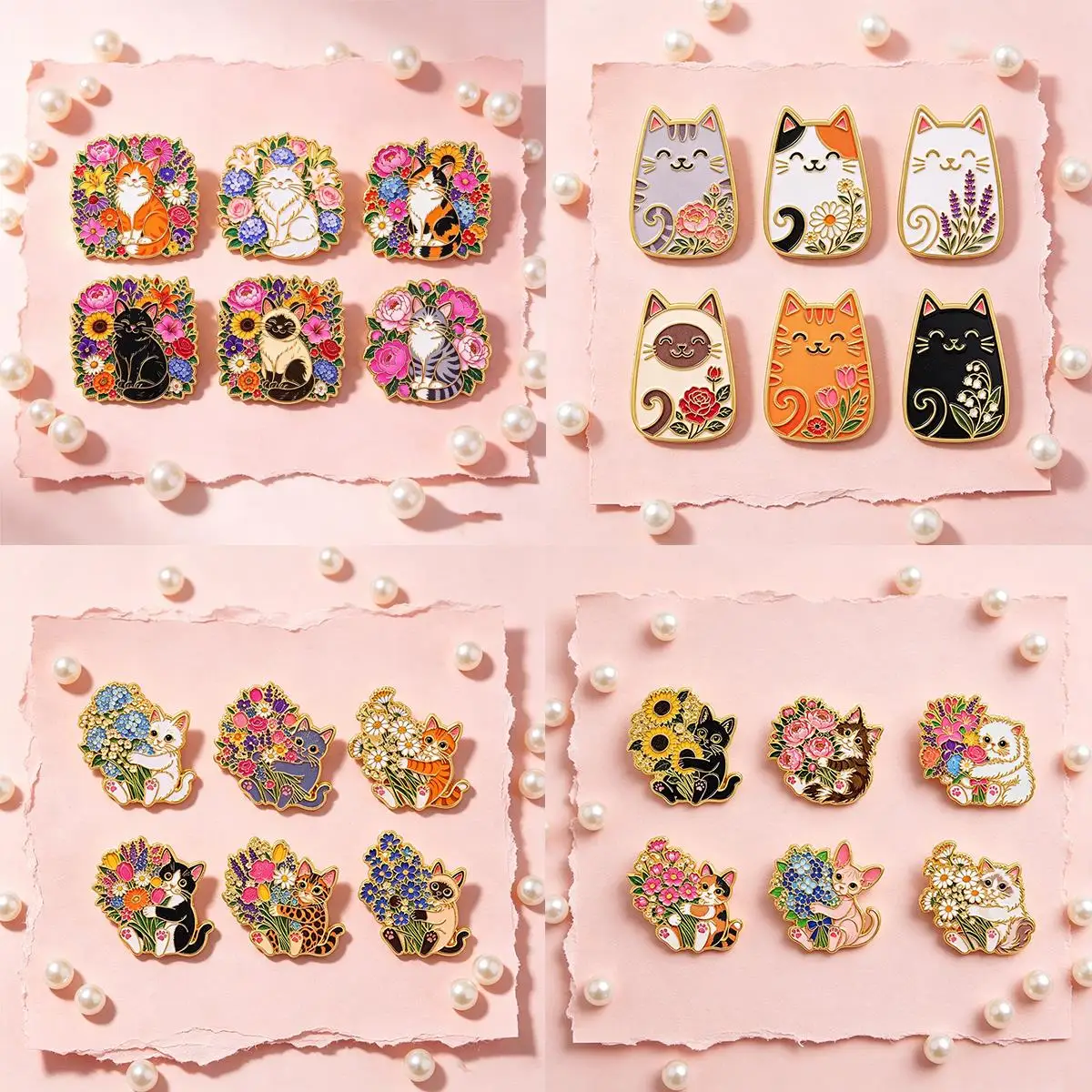 Cute Floral Cat Metal Enamel Pins Cartoon Kitten Brooches Badge on Backpack Clothing Accessories Jewelry Gift for Friends