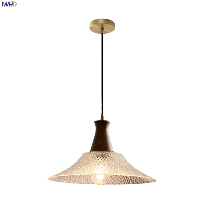 

IWHD American Vintage LED Pendant Lamp For Bedroom Living Dining Room Home Decor Wood Handle Clear Glass Pendant Light Luminaria