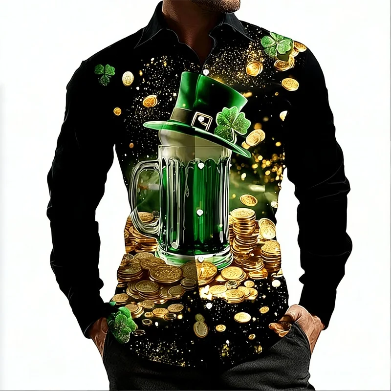 

Lucky wine, men's long sleeved shirt, fashionable trend, loose top, street outdoor, casual and comfortable