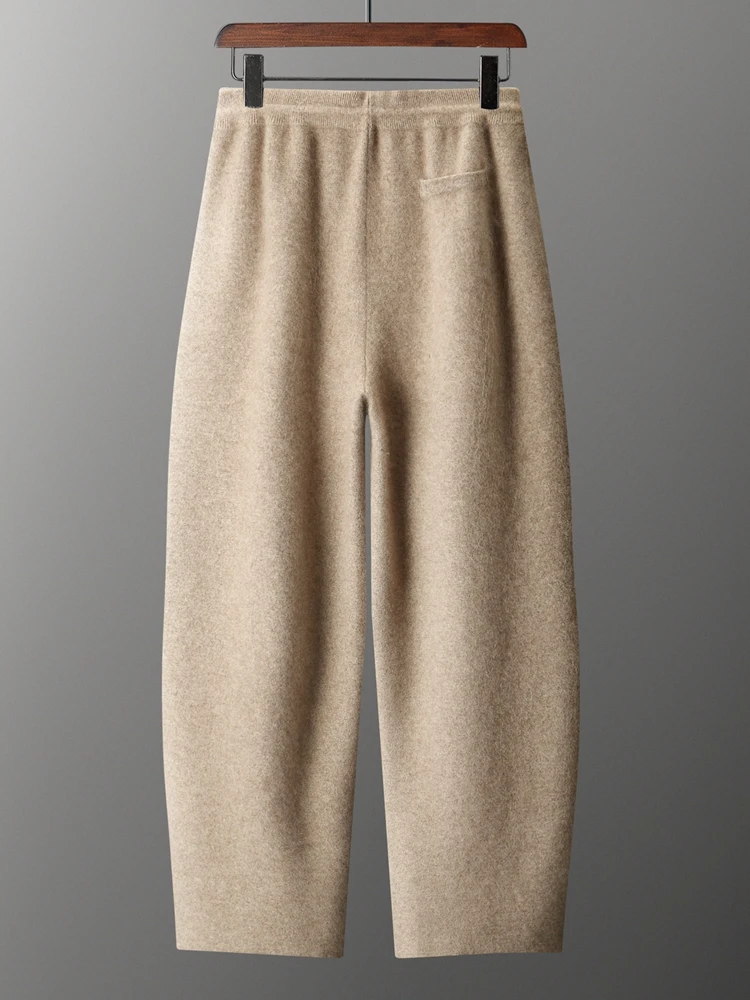 Men's Cashmere Wide Leg Pants Elastic Waist Drawstring Trousers Autumn Winter Thicken 100% Cashmere Knitted Casual Banana Pants