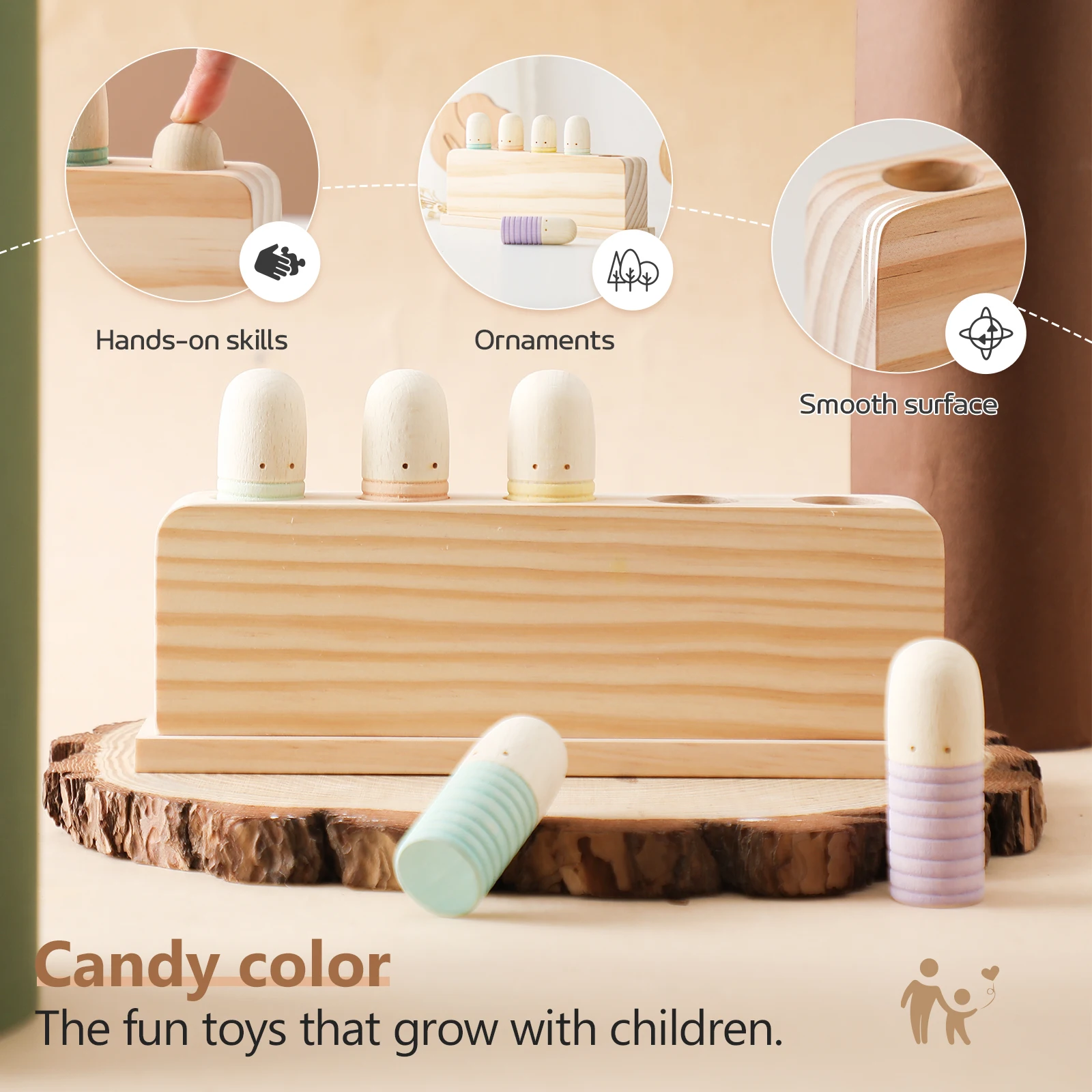 طفل الصنوبر خشبية كذاب لعبة مونتيسوري زراعة التعرف على الألوان اليد والعينين التنسيق القدرة الرضع القفز اللعب هدية #4