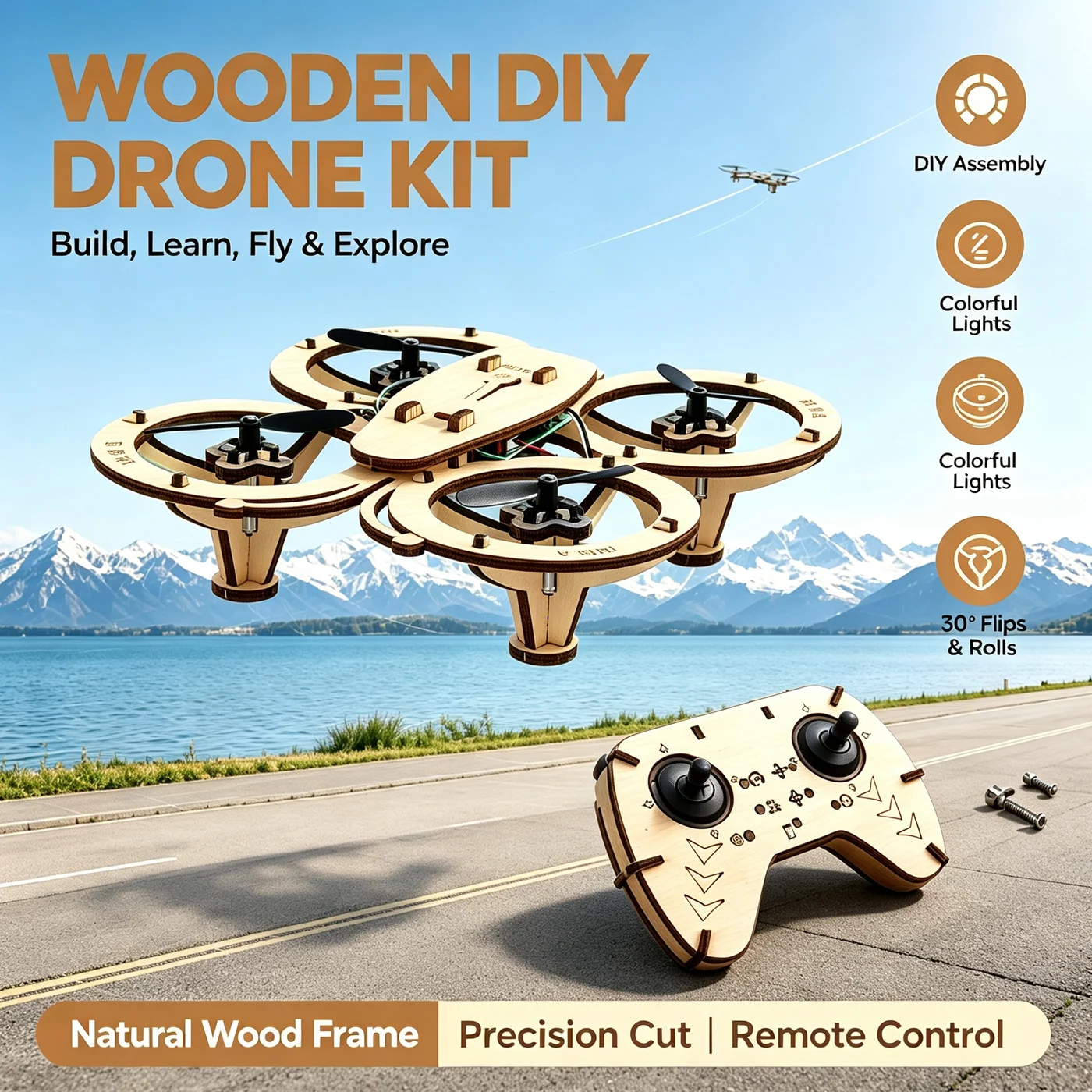 DIY Holz-Drohnen-Bausatz, ferngesteuerter Quadcopter mit 360-Grad-Flip, einstellbare Geschwindigkeit, STEM-Lerngeschenk, pädagogisches Spielzeug