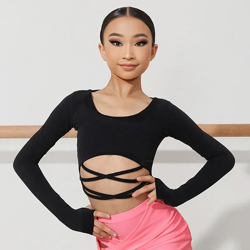 

2022 Girls Latin Dance Tops Long Sleeves Bandage Short Blouse Kids Cha Cha Dance Practice Clothes Rumba Samba Dancewear DNV17192