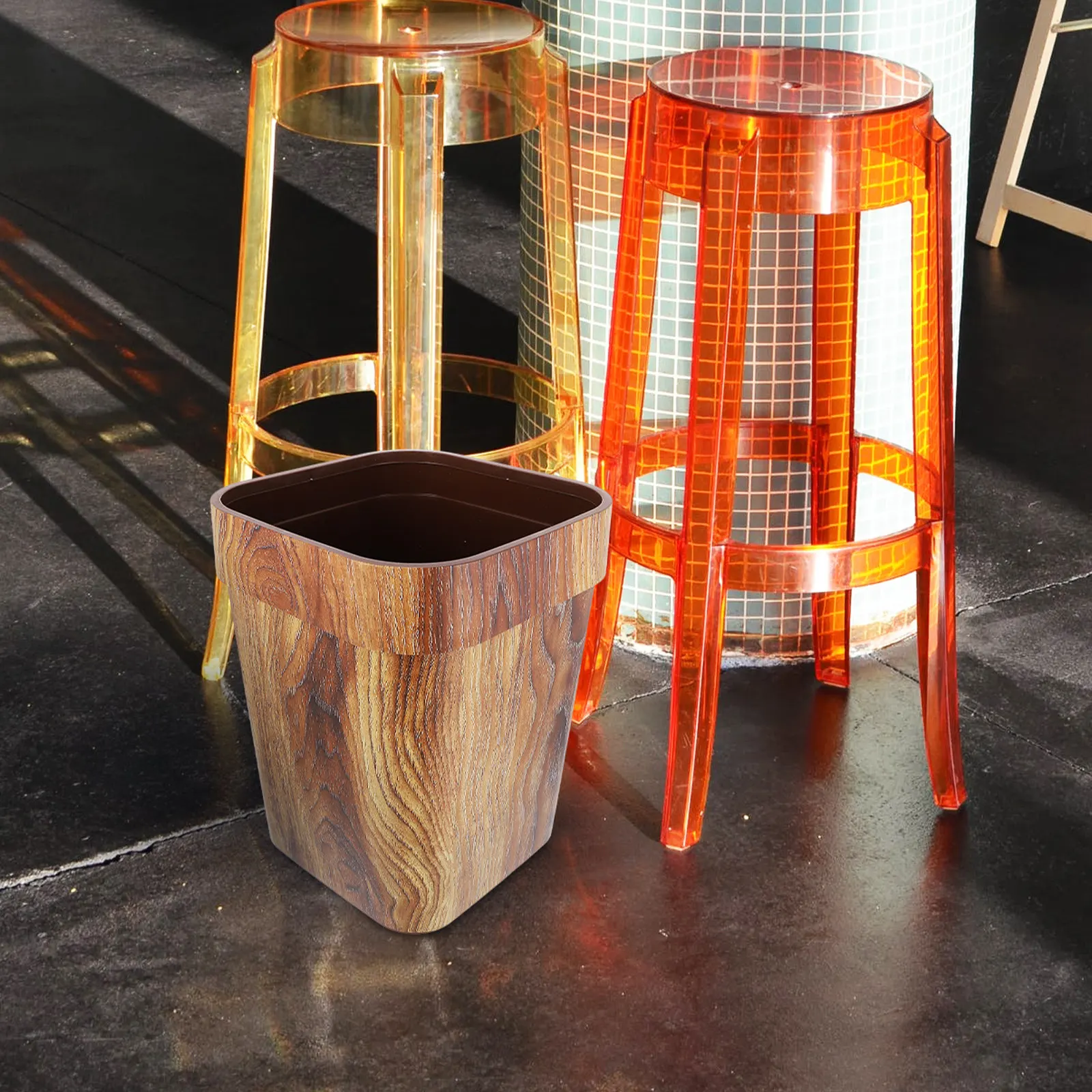 

Plastic Wood Grain Trash Bin Household Garbage Storage Container Kitchen Bathroom Office Waste Large Capacity Simple Design