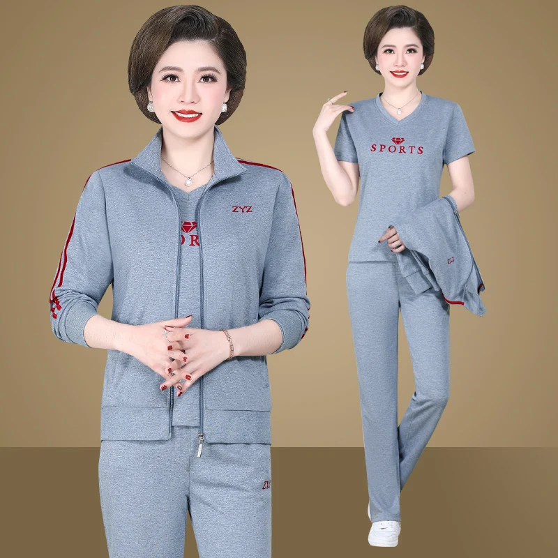 

Модный спортивный костюм для женщин среднего и старшего возраста, комплект из трех предметов, большие размеры, весна-осень-зима, верхняя одежда