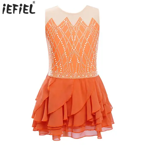 Traje de baile de patinaje artístico para niñas, cuello redondo, sin mangas, diamantes de imitación brillantes, vestido lírico de Ballet con volantes escalonados, Ropa de baile