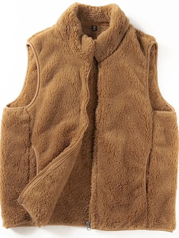Thickened Coral Fleece Vest Unisex Autumn Winter Pure Color Versatile Warm Stand Collar Jacket Youthful Style Regular Length