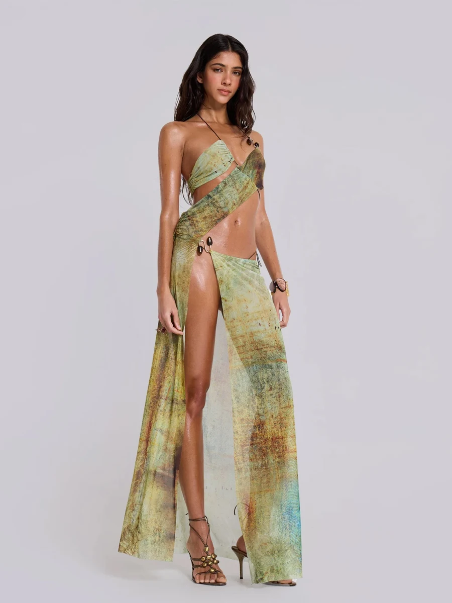 Vintage Green Women\'s Split Bikini Set High Slit Cutout Print Bikini Cover Long Skirt American Personality Fashion Design Beach